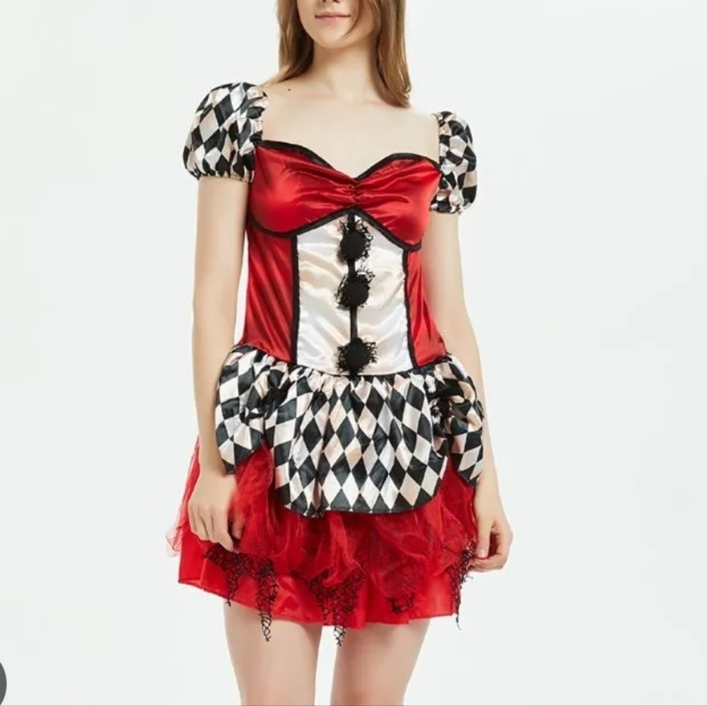 Women's Harlequin Jester Scary Clown Deluxe Costume Dress M 8-10 NWT